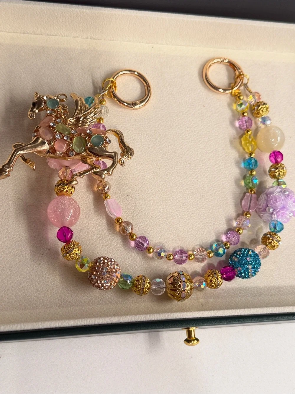 Multicolor Beaded Pegasus Charm Bag Chain - Gold Tone - Picture 1 of 6